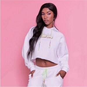 Barbie x Forever 21 White slightly Cropped terry cloth Hoodie with Beads